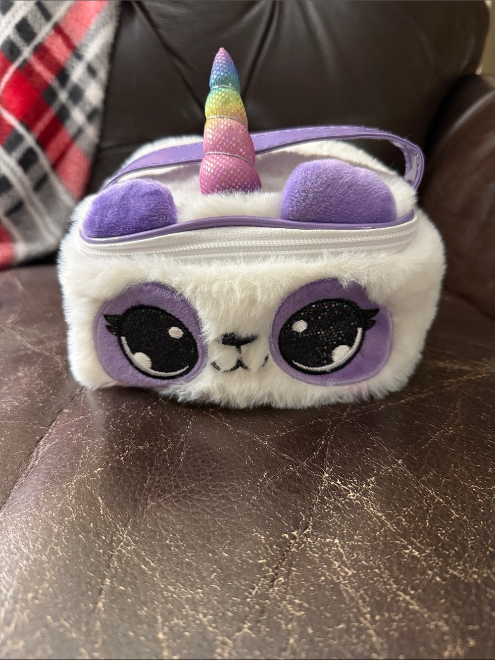 Claire's White & Purple Plush Unicorn Panda Kids Bag with Rainbow Horn